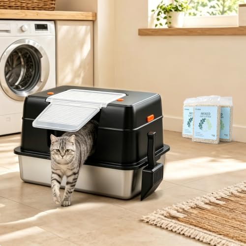 XL Stainless Steel Cat Litter Box with 13.2 lb Cat Litter (Black(With 13.2 lb Litter))