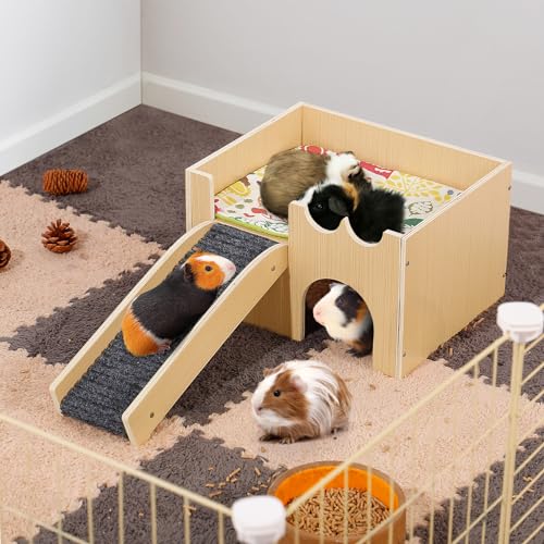 Upgraded Sturdy Wooden Guinea Pig Castle with Stairs & Mat (Small)