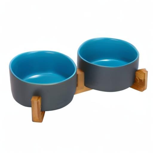 Ceramic Dog and Cat Bowl Set with Wooden Stand (3.6 cups / Blue-Grey × 2)