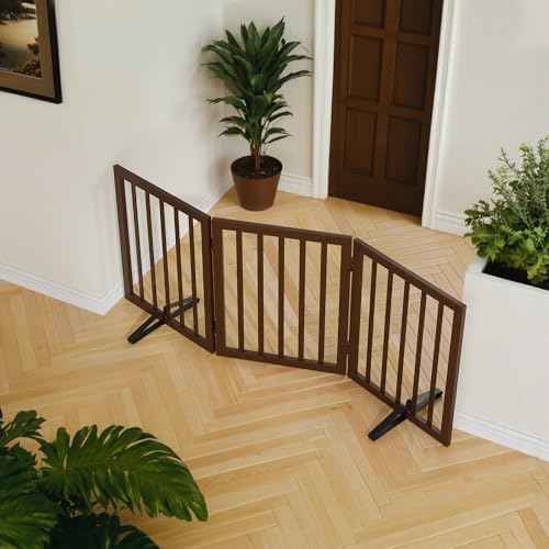 Wooden Dog Gate Freestanding Foldable 3 Panel Pet Gates Extra Wide Dog Gates for Indoor Doorways Stairs 24in Height Support Feet Included (Dark Brown / 3 Panel - 55 inches Wide)
