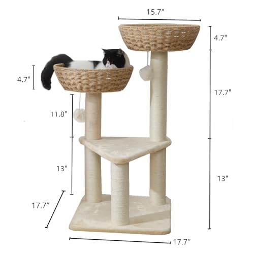 Cat Tree Tower with Rattan Wicker Basket (2 baskets)