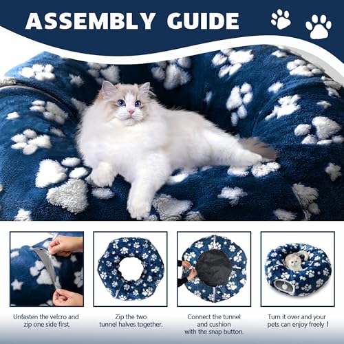 Cute Round Cat Tunnel for Indoor Cats (Blue Paw / Round)