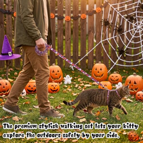 2 Pack Halloween Cat Harness and Leash Breakaway Cat Collars with Bow tie (Halloween Orange,Purple)