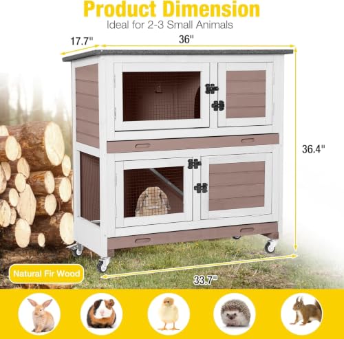 Rabbit Hutch Indoor Bunny Cage Outdoor 2 Story Pet House Guinea Pig Cage on Wheels 36" (Brown / 36.02"L x 17.72"W x 36.22"H)