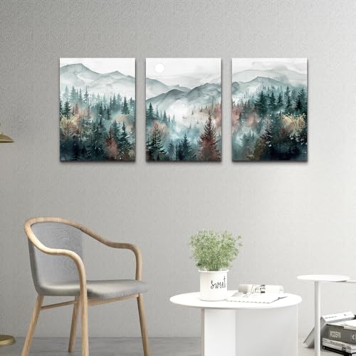 Farmhouse Wall Art For Living Room Canvas Wall Decor For Bedroom Wall Pictures for Office Fog Forest Mountain Landscape Watercolour Paintings Artwork Home Decorations Ready To Hang 3 Piece (20x28inches*3pcs / Foggy Forest Trees Landscape Pictures)