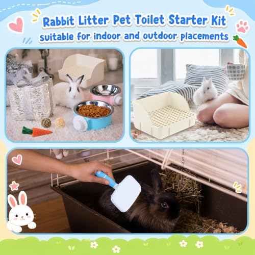 15 Pcs Rabbit Starter Kit Small Rabbit Litter Box Girls Gift Animal Grooming Kit Bunny Toys Bowl Blankets with Cleaning Set for Guinea Pig Accessories (Cream White)