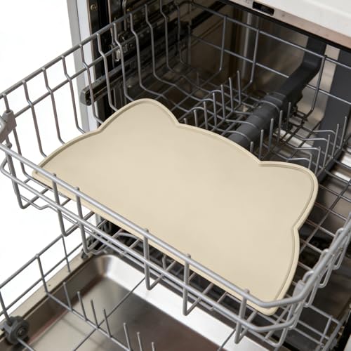 Cat Food Mat Silicone Non Slip Dog Bowl Mat Waterproof Cat Feeding Mat Stop Food Spills and Water Messes Out to Floor Pet Food Mat (Beige / 20" x 12")