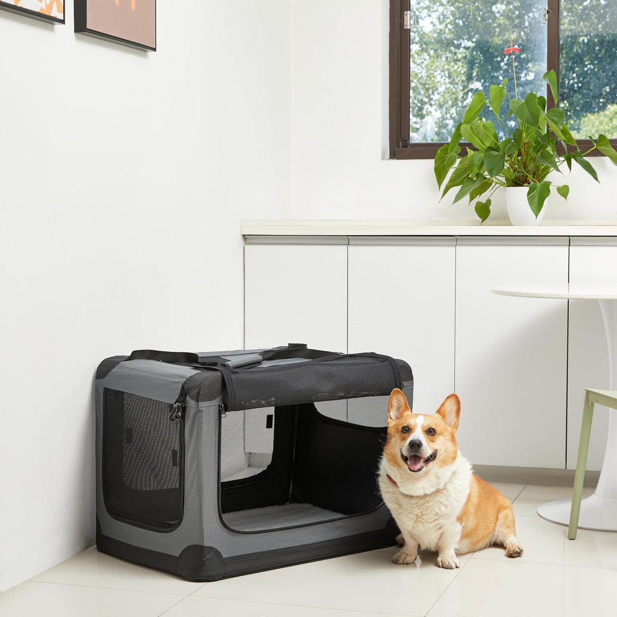 4 Door Portable Folding Soft Dog Crate (Grey / 30.0"L x 21.0"W x 21.0"H)