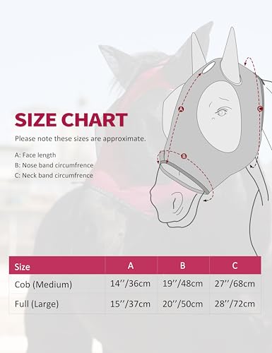 Horse Fly Mask with Forelock Opening Stretch Breathable and Comfortable for Horses UV (Burgundy / M)