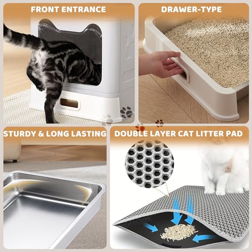Enclosed Cat Litter Box with Lid Top Exit Covered Metal Stainless Steel Litter Box Leak Proof & Odorless Easy to Clean Including Cat Litter Scoop and Litter Mat (Blue / One Size)