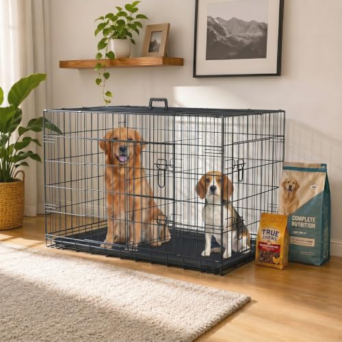 Dog Crate for Large Dogs 42 Inch Folding Metal Wire Pet Cage Double Door W (Black / 42.0"L x 26.0"W x 28.0"H)