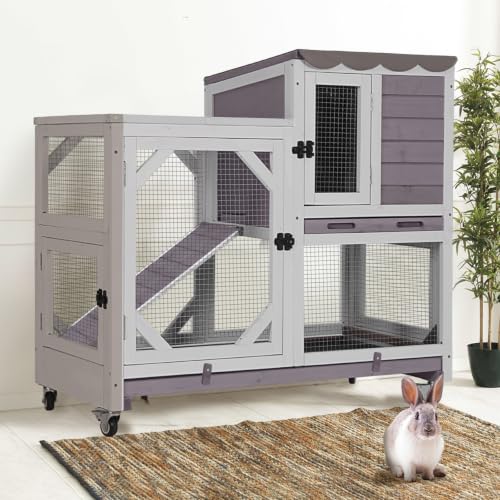 2 Story Rabbit Hutch Indoor Bunny Cage Outdoor Guinea Pig House Wooden Small Animal Cage with Chew