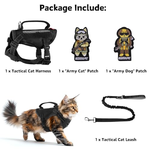 Cat Harness and Leash Set for Walking Escape Proof Adjustable Reflective Large Cat Tactical Harness with Patches Breathable Summer Vest Soft Mesh Padding Handle Easy to Control (Black / S)