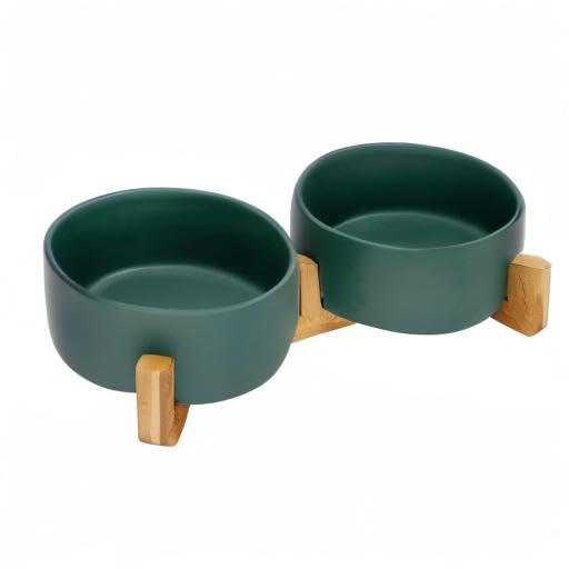 Ceramic Dog and Cat Bowl with Wood Stand Non (3.6 cups / Green × 2)