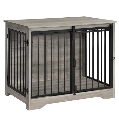 31.9" M Dog Crate Furniture Indoor Dog Kennel with Barn Door (Greige / 31.9"L x 21.7"W x 26.6"H)