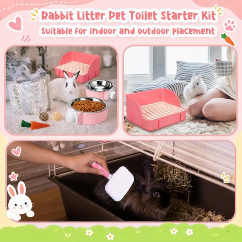 15 Pcs Rabbit Starter Kit Small Rabbit Litter Box Girls Gift Animal Grooming Kit Bunny Toys Bowl Blankets with Cleaning Set for Guinea Pig Accessories (Bright Pink)