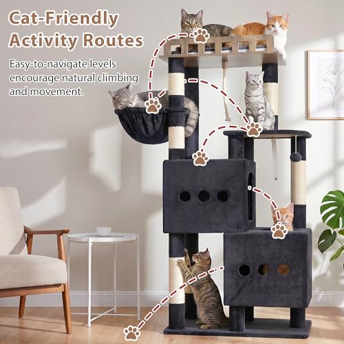 Cat Tree Sturdy Cat Tower with 2 Spacious Cat Condos GCT029G (60 inches / Dark Gray)