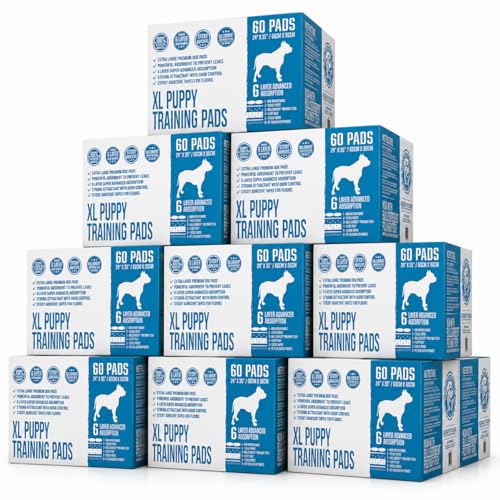 Bulldogology Premium XL Puppy Pee Pads with Adhesive Sticky Tape Extra Large Dog Training Wee Pads 6 Layer Absorbent Bullsorbent Technology White 600 Count 24 x 35 (600-Count (24x35))
