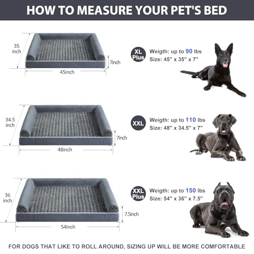 Orthopedic Washable XXL Dog Bed for Senior Dog Cozy Sleep (54"l x 36"w x 7"th / Dark Grey)