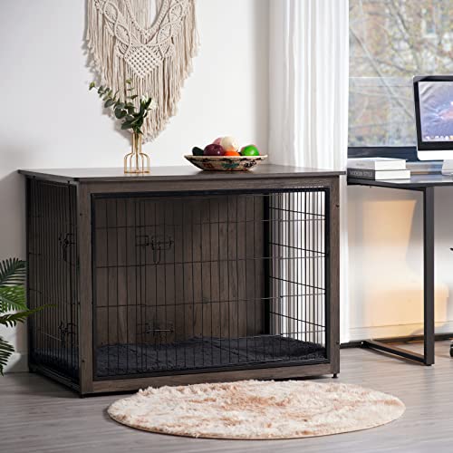 43.3" XXL Dog Crate Furniture with Cushion (Dark Gray / 43.3"L x 29.1"W x 31.7"H)