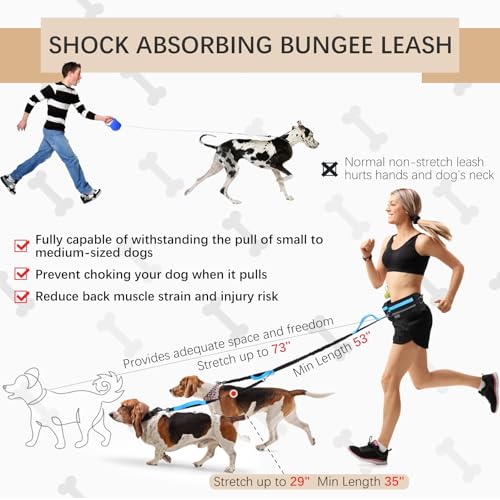 Hands Free Waist Leash with Pouch for Two Dogs (Blue)