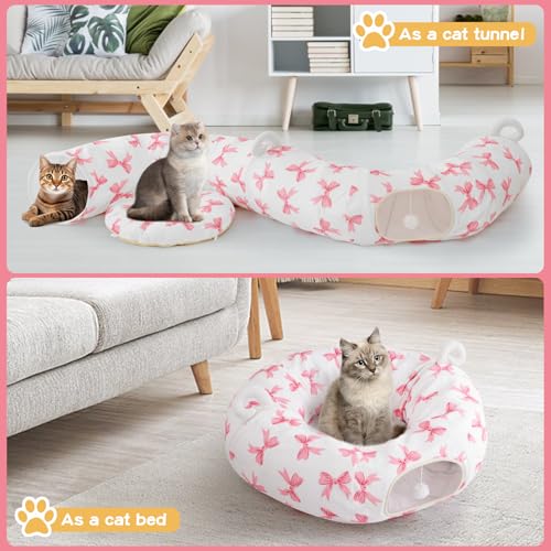 Cat Tunnel with Cat Bed for Indoor Cats (Pink)