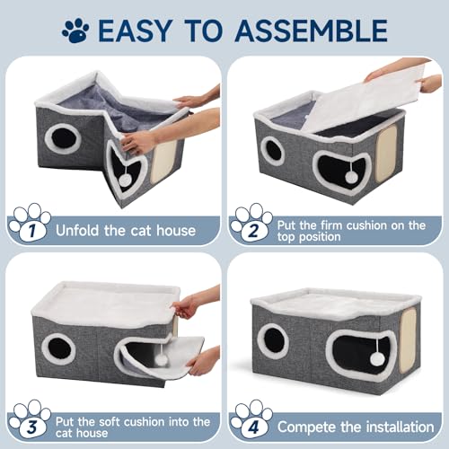 Extra Large Cat House Bed for Multi Cats with Scratch Pad Grey (Grey / Extra Large)