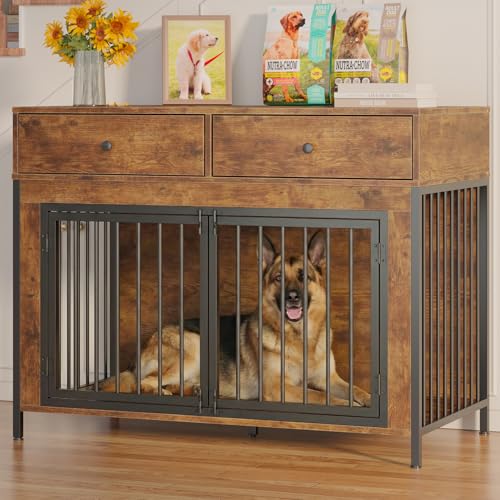 Large Dog Crate Furniture with 2 Drawers (Brown)