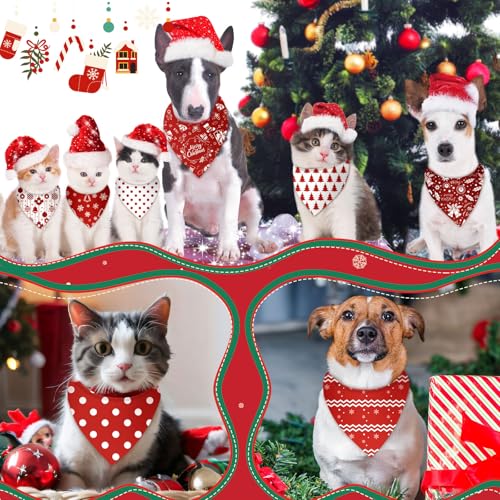 50 Pcs White and Red Dog Bandanas Bulk Polka Dots Stripes Snowflake Bandanas for Dog Triangle Kerchief Bibs Scarf for Pet Party Costume Photo Props Accessories (Red White Christmas / 25.6 x 17.7 x 17.7")