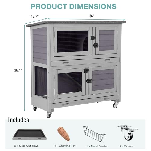 2 Tier Wooden Rabbit Hutch Indoor Bunny House Guinea Pig Cage with Sliding Plastic Trays Wheels for Easy Cleaning Ventilation Design and Mobility (Light Grey)