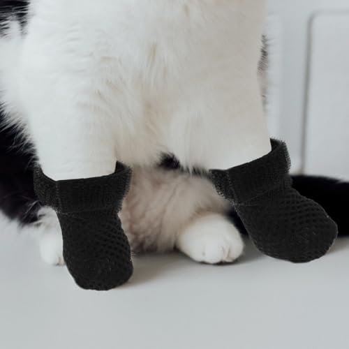 Cat Claw Caps 4 Pack Adjustable Cat Foot Covers Paw Protector Shoes Booties for Feeding Medicine Anti Scratch Socks for Grooming and Everyday Use (Black / 8X7X0.5CM)