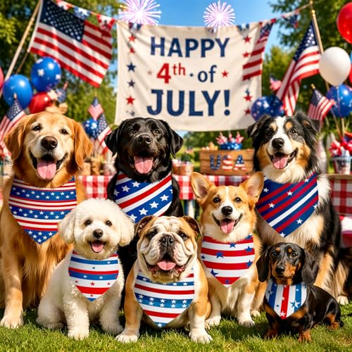 50 Pcs 4th of July Dog Bandanas Bulk for Patriotic American Striped Star Red White and Blue Independence Day Flag Scarf for Small Medium Large Outfit (Striped Star / 31.5 x 21.7 x21.7 Inch)