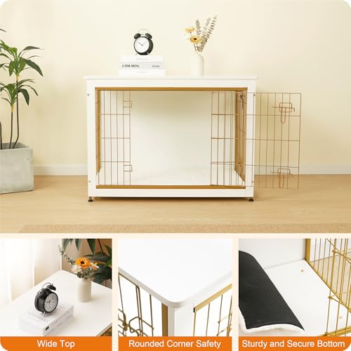 38.5" XL Dog Crate Furniture with Cushion (White+Gold / 38.5"L x 25.6"W x 26.8"H)