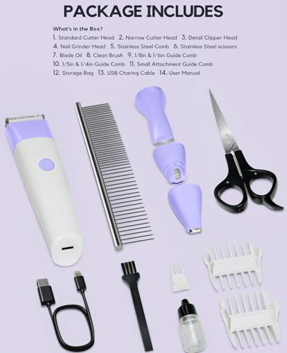 4 in 1 Rechargeable Dog Clippers Grooming Kit with 2 Speeds and Low Noise (Purple)