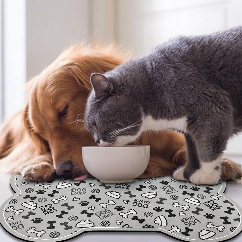 Dog Food Mats for Floors Waterproof (Grey Bone02 / 23.6"L x 15.7"W)