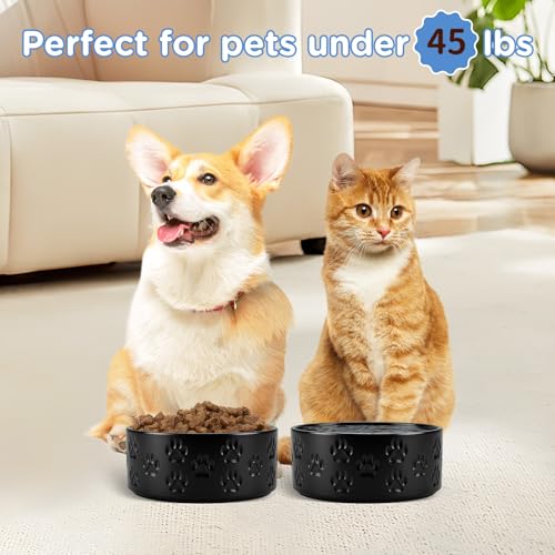 Ceramic Dog and Cat Bowls 2 Pack (6.1 in - 3.6 cups / Paw Black - Only Bowls*2)