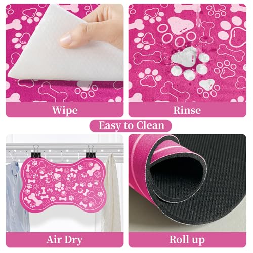 Dog & Cat Food Mat Bone Shaped Pet Feeding Mat Quick Absorb Water Bowl Placemat with Rubber Backing Indoor Floor Stain Resistant Pet Accessory Supplies (Pink / 17"L x 17"W)