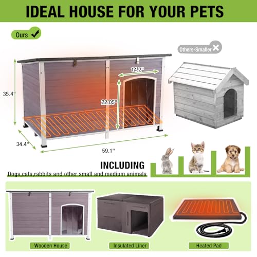 Heated Dog House Outdoor 59.1" Extra Large 100% Insulated Dog Kennel with Liner Keep Warm in Winter