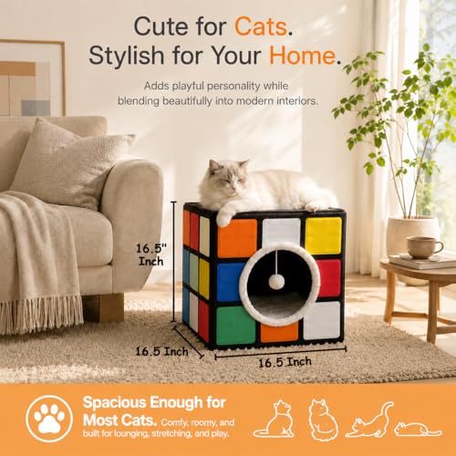 Cat Condo House with Reversible Cushions and Fluffy Ball Hanging (Large)