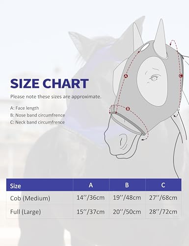 Horse Fly Mask with Forelock Opening Stretch Breathable and Comfortable for Horses UV (Navy / L)