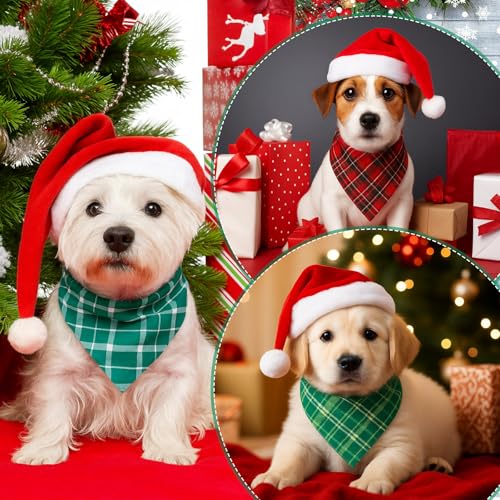50 Pcs Christmas Plaid Dog Bandanas Bulk (Red Green Plaid / 19.7 x 13.8 x 13.8'')