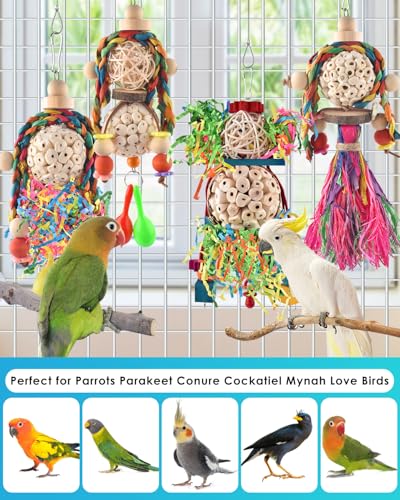 Conure Toys 4 PCS Bird Parrot Foraging Shredder Hanging Toys Sola Balls with Sand Hammer for Small Parrots Parakeets Conures Cockatiels Love Birds Cage Toy (4 PCS)