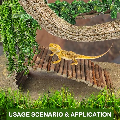 Reptile Hideout Wooden Bridge Bearded Dragon Hammock Reptiles Jungle Climbing Vines Flexible Leaves Bearded Dragon Accessories for Lizard Gecko Chameleon Snake Hamster