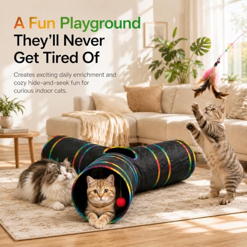 Cat Tunnels Tube Toy with Plush Ball & Cat Wand Feather Toys (1 Pack - 3-Way Tunnel / Black)