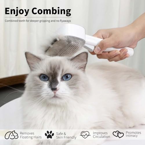 2-in-1 Cat Grooming Brush, Cat Brushes with Release Button & Deshedding Dematting Rake, Grooming Comb Tool for for Long or Short Haired Pets, Reduce Shedding, Remove Knots and Massage, White