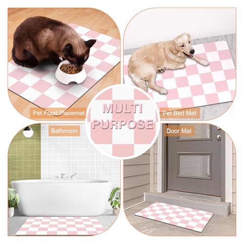 Checkered Dog Cat Feeding Mat (17"L x 28"W / Pink & White)