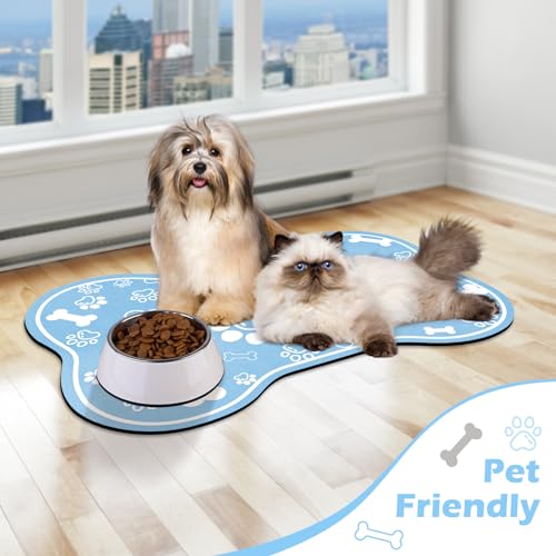 Dog Cat Mat for Food and Water (24"L x 16"W / Bone Shaped Blue)