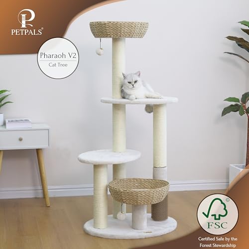 Handwoven Cat Tree with 2 Basket Beds & Sisal Scratching Posts (Beige)