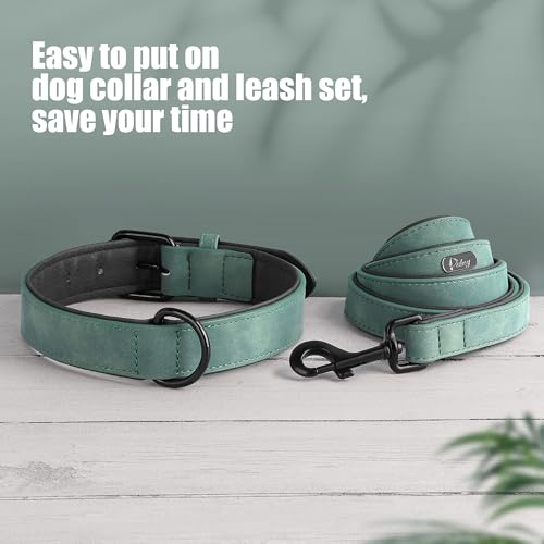 PU Leather Dog Collar and Leash Set (XL: Neck 17-23", Width 1¼" / Green Set)