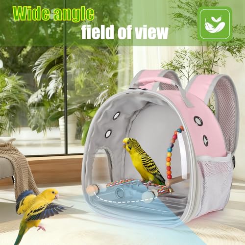 Portable Parrot Travel Cage Carrier with Small Swing Toy&Cage Colorful Toys Set Small Bird Parakeet Bag with Standing Perch Bird Carry Transport Bag (Pink / Backpack/swing)